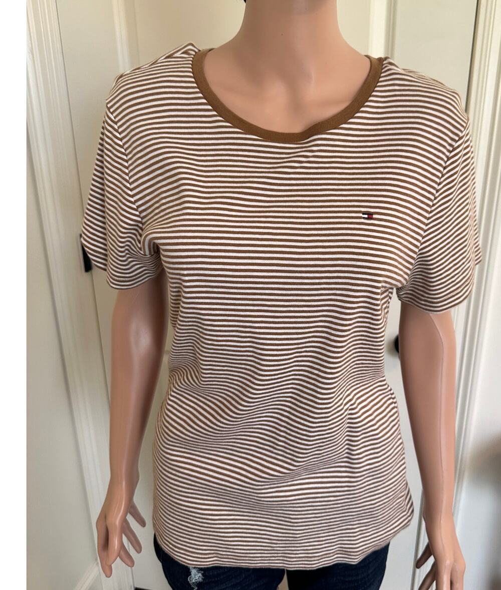 Tommy Hilfiger XL Brown White Stripe Logo Tee Shirt